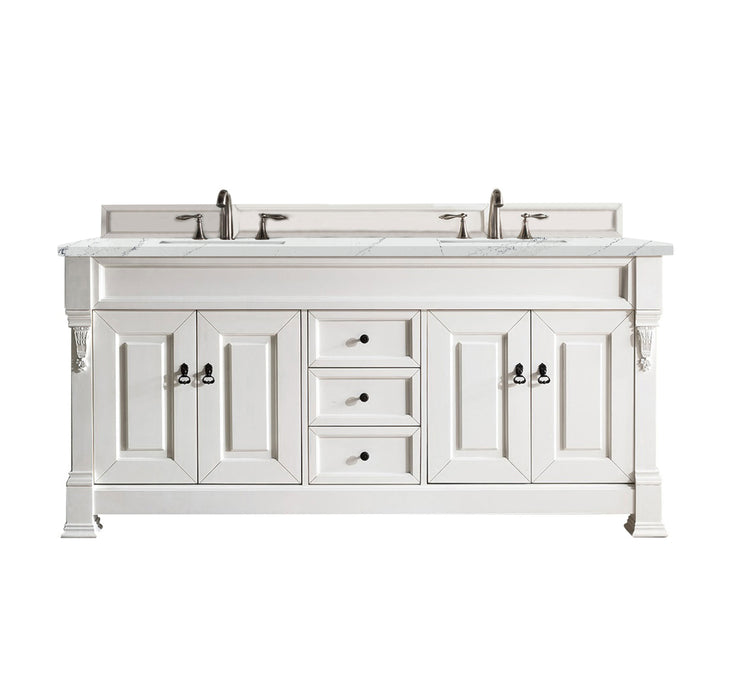 James Martin Furniture - Brookfield 72" Bright White Double Vanity w/ 3 CM Ethereal Noctis Quartz Top - 147-V72-BW-3ENC - GreatFurnitureDeal