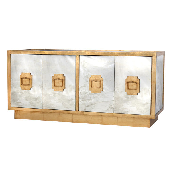 Worlds Away - Antique Mirror 4-Door Entertainment Console With Gold Leaf Detailing - PONTI G