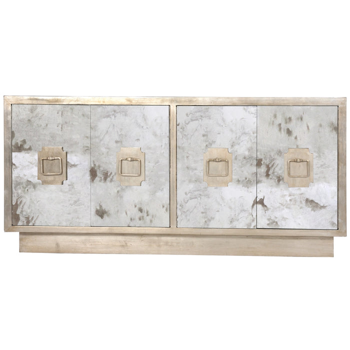 Worlds Away - Antique Mirror 4-Door Entertainment Console With Champagne Silver Leaf Detailing - PONTI S - GreatFurnitureDeal