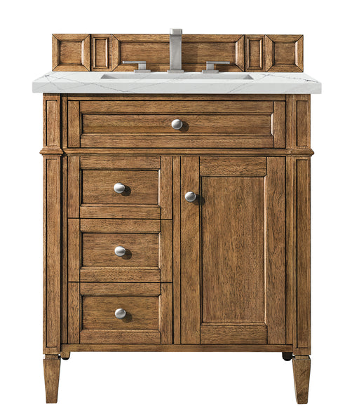 James Martin Furniture - Brittany 30" Single Vanity, Saddle Brown, w/ 3 CM Ethereal Noctis Quartz Top - 650-V30-SBR-3ENC - GreatFurnitureDeal