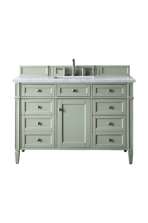 James Martin Furniture - Brittany 48" Sage Green Single Vanity w- 3 CM Carrara Marble Top - 650-V48-SGR-3CAR - GreatFurnitureDeal