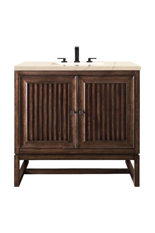 James Martin Furniture - Athens 36" Single Vanity Cabinet, Mid Century Acacia, w- 3 CM Eternal Marfil Top - E645-V36-MCA-3EMR - GreatFurnitureDeal