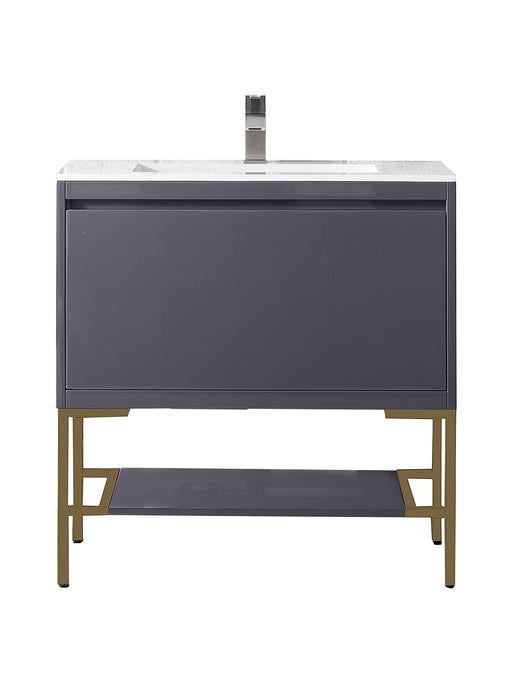James Martin Furniture - Milan 31.5" Single Vanity Cabinet, Modern Grey Glossy, Radiant Gold w/Glossy White Composite Top - 801V31.5MGGRGDGW - GreatFurnitureDeal