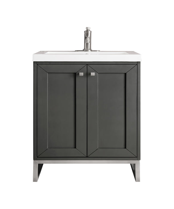 James Martin Furniture - Chianti 24" Single Vanity Cabinet, Mineral Grey, Brushed Nickel, w/ White Glossy Composite Countertop - E303V24MGBNKWG - GreatFurnitureDeal
