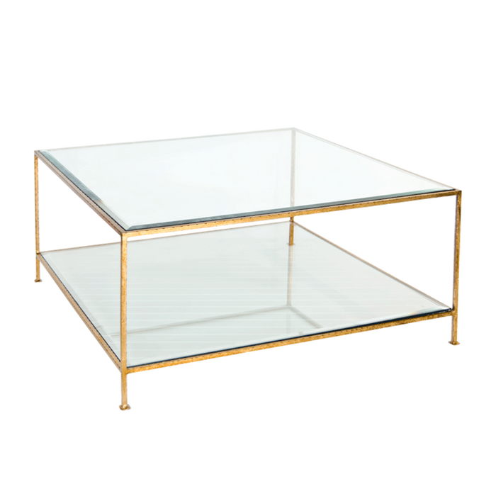 Worlds Away - Quadro Hammered Gold Lf Square Coffee Table W Bvld Glass - QUADRO G - GreatFurnitureDeal