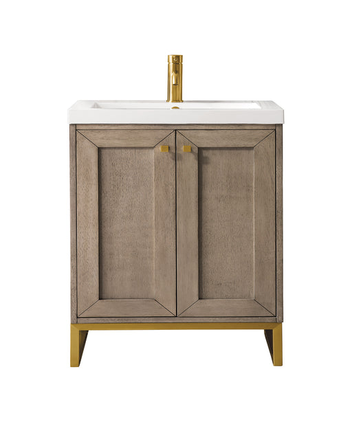 James Martin Furniture - Chianti 20" Single Vanity Cabinet, Whitewashed Walnut, Radiant Gold, w/ White Glossy Composite Countertop - E303V20WWRGDWG - GreatFurnitureDeal
