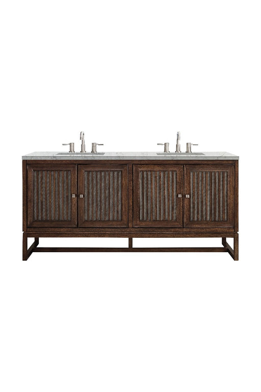 James Martin Furniture - Athens 72" Double Vanity Cabinet, Mid Century Acacia, w- 3 CM Eternal Jasmine Pearl Quartz Top - E645-V72-MCA-3EJP - GreatFurnitureDeal