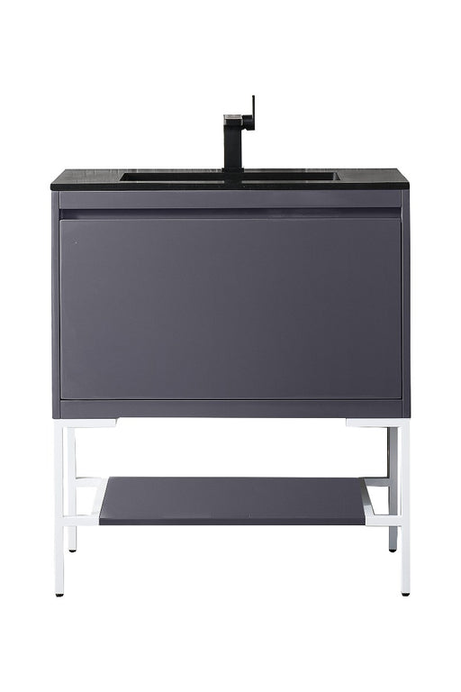 James Martin Furniture - Milan 31.5" Single Vanity Cabinet, Modern Grey Glossy, Glossy White w-Charcoal Black Composite Top - 801V31.5MGGGWCHB - GreatFurnitureDeal