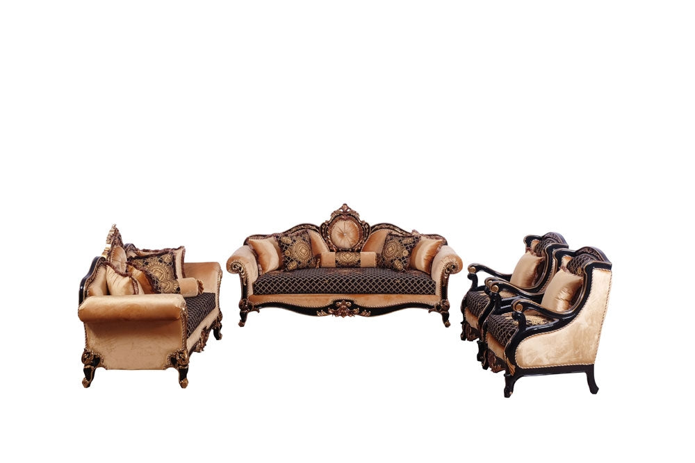 European Furniture - Raffaello 2 Piece Luxury Sofa Set in Black & Antique Dark Gold Leaf - 41024-SL - GreatFurnitureDeal