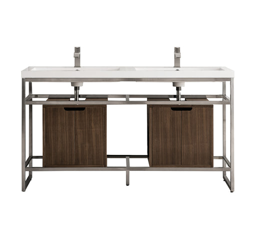 James Martin Furniture - Boston 63" Stainless Steel Sink Console (Double Basins), Brushed Nickel w/ Mid Century Walnut Storage Cabinet, White Glossy Composite Countertop - C105V63BNKSCWLTWG - GreatFurnitureDeal