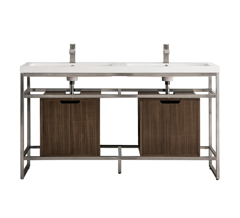 James Martin Furniture - Boston 63" Stainless Steel Sink Console (Double Basins), Brushed Nickel w/ Mid Century Walnut Storage Cabinet, White Glossy Composite Countertop - C105V63BNKSCWLTWG