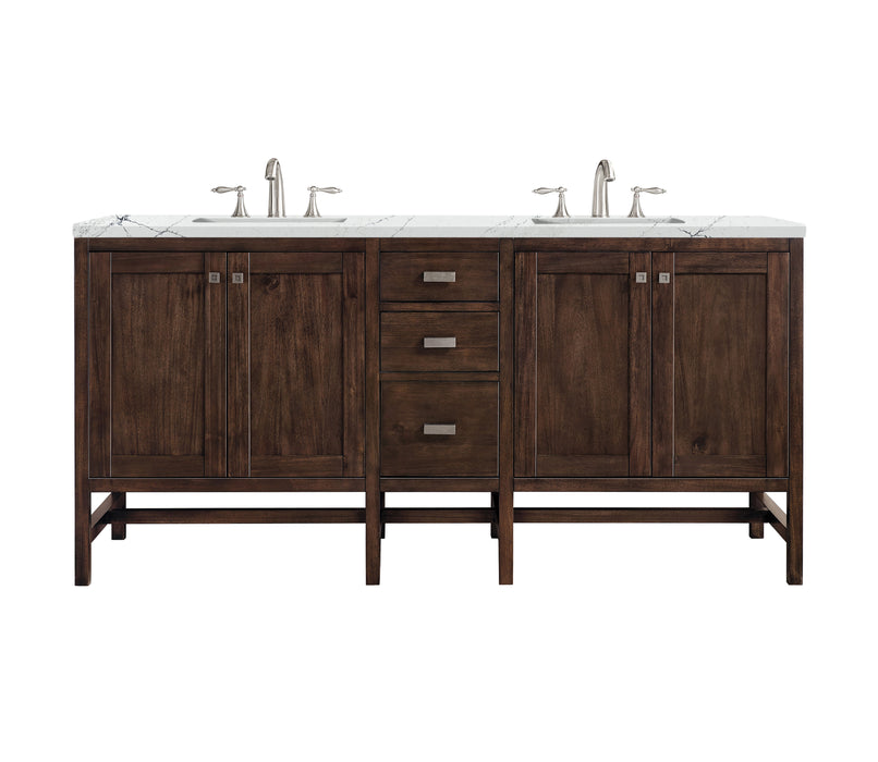 James Martin Furniture - Addison 72" Double Vanity Cabinet, Mid Century Acacia, w/ 3 CM Ethereal Noctis Quartz Top - E444-V72-MCA-3ENC