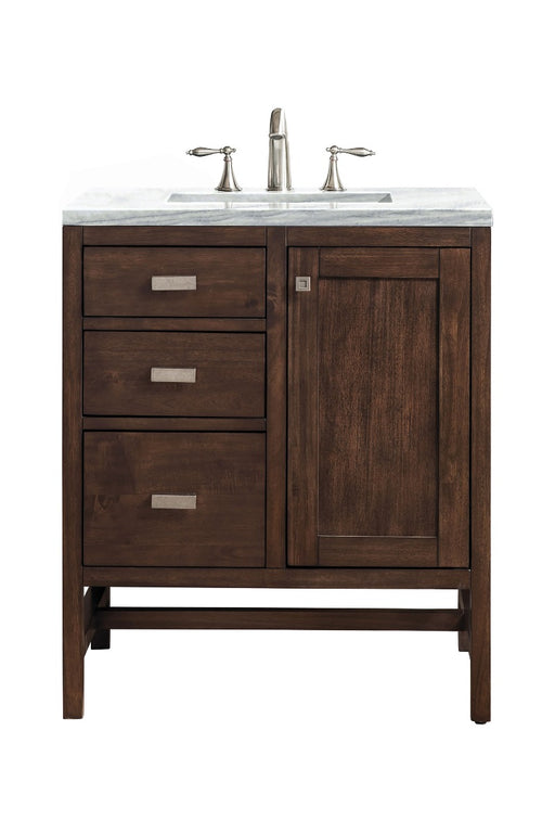 James Martin Furniture - Addison 30" Single Vanity Cabinet, Mid Century Acacia, w- 3 CM Arctic Fall Solid Surface Countertop - E444-V30-MCA-3AF - GreatFurnitureDeal