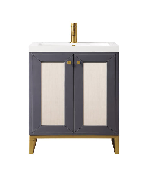James Martin Furniture - Chianti 24" Single Vanity Cabinet, Mineral Grey, Radiant Gold, w/ White Glossy Composite Countertop - E303V24MGRGDWG - GreatFurnitureDeal