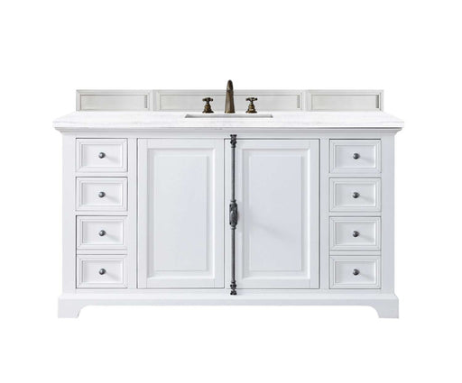 James Martin Furniture - Providence 60" Bright White Single Vanity w- 3 CM Arctic Fall Solid Surface Top - 238-105-V60S-BW-3AF - GreatFurnitureDeal