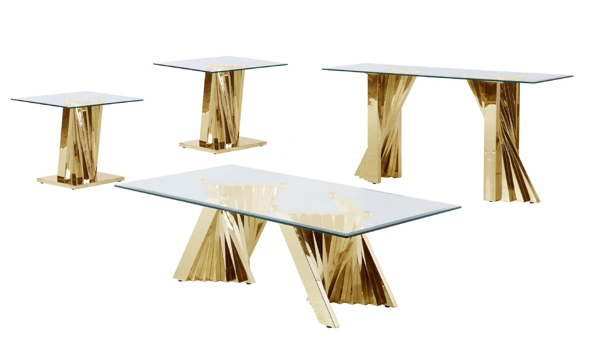 Mariano Furniture - Glass Coffee Table Sets: Coffee Table, 2 End Tables and Console Table with Stainless Steel Gold Base - BQ-CT04-5-5-6 - GreatFurnitureDeal