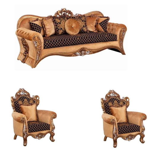 European Furniture - Emperador 3 Piece Luxury Living Room Set in Antique Brown with Antique Silver Blended with Light Gold - 42035-S2C