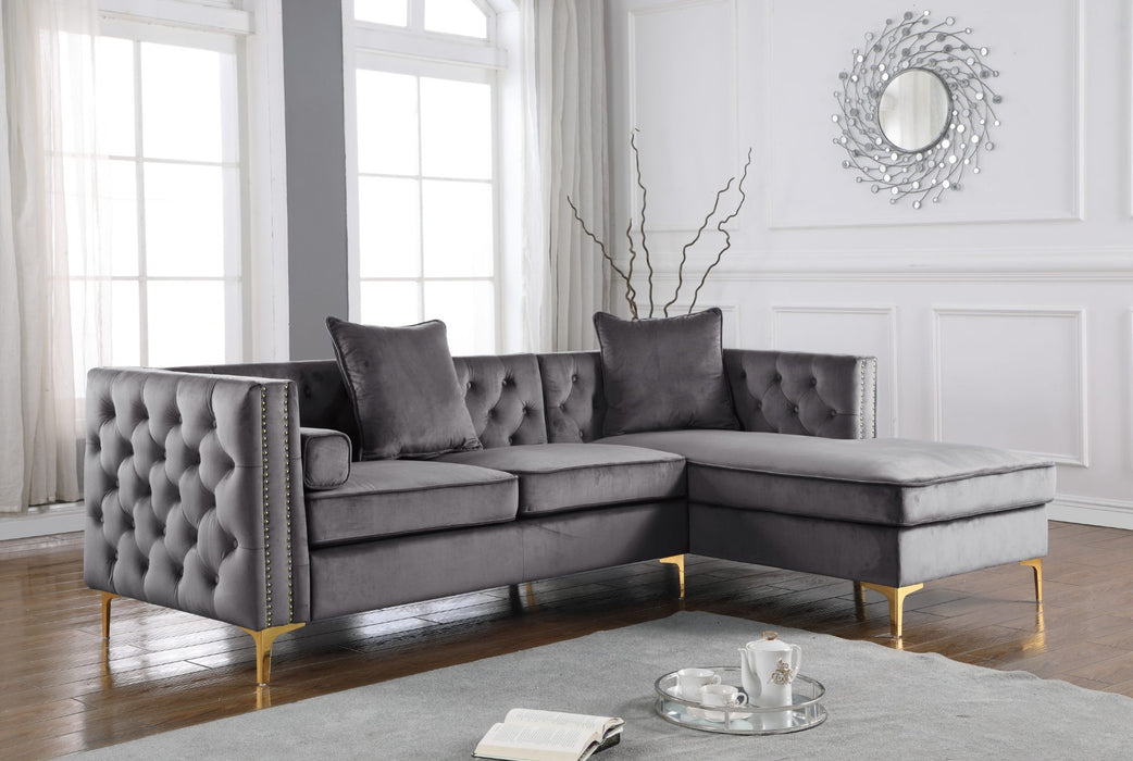 Mariano Furniture - Dark Grey 2-Piece Velvet Sectional with Tufted Buttons, Gold Legs, and Storage Compartment - BQ-S317 - GreatFurnitureDeal