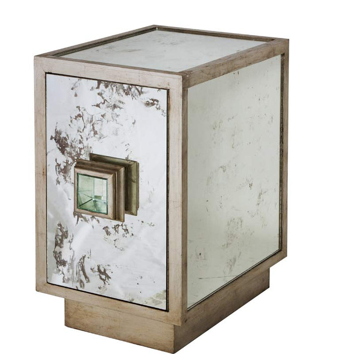 Worlds Away - Antique Mirror And Champagne Silver Leaf One Door Side Table Cabinet With Single Interior Shelf - SAVANNAH S