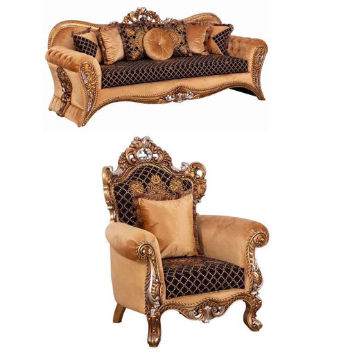 European Furniture - Emperador 2 Piece Luxury Living Room Set in Antique Brown with Antique Silver Blended with Light Gold - 42035-SC - GreatFurnitureDeal