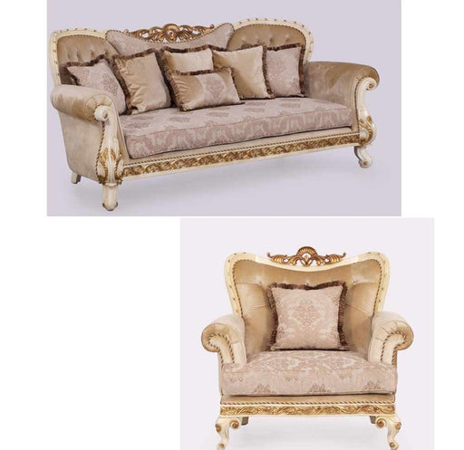 European Furniture - Fantasia 2 Piece Luxury Sofa Set in Antique Beige with Dark Gold Leaf - 40017-SC - GreatFurnitureDeal