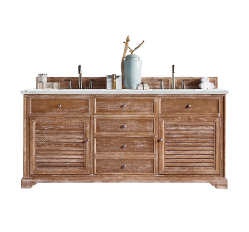 James Martin Furniture - Savannah 72" Double Vanity Cabinet, Driftwood, w/ 3 CM Ethereal Noctis Quartz Top - 238-104-5711-3ENC - GreatFurnitureDeal
