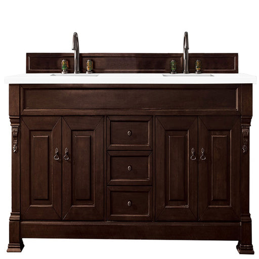 James Martin Furniture - Brookfield 72" Burnished Mahogany Double Vanity w- 3 CM Classic White Quartz Top - 147-114-5761-3CLW - GreatFurnitureDeal