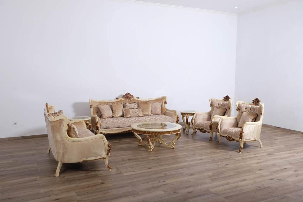 European Furniture - Veronica 3 Piece Luxury Living Room Set in Antique Beige and Antique Dark Gold leaf - 47075-S2C - GreatFurnitureDeal