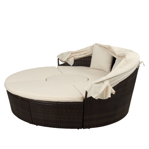 GFD Home - TOPMAX Patio Furniture Round Outdoor Sectional Sofa Set Rattan Daybed Sunbed with Retractable Canopy,Beige - SH000086AAA