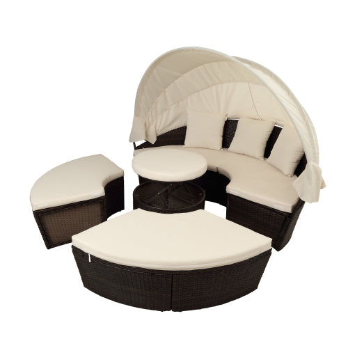 GFD Home - TOPMAX Patio Furniture Round Outdoor Sectional Sofa Set Rattan Daybed Sunbed with Retractable Canopy,Beige - SH000086AAA