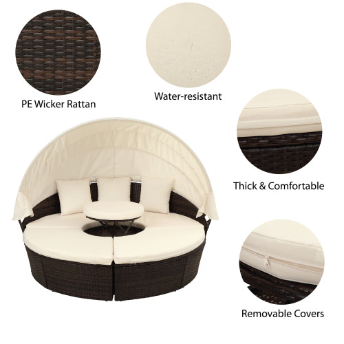 GFD Home - TOPMAX Patio Furniture Round Outdoor Sectional Sofa Set Rattan Daybed Sunbed with Retractable Canopy,Beige - SH000086AAA - GreatFurnitureDeal