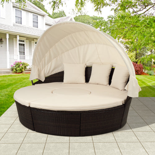 GFD Home - TOPMAX Patio Furniture Round Outdoor Sectional Sofa Set Rattan Daybed Sunbed with Retractable Canopy,Beige - SH000086AAA - GreatFurnitureDeal