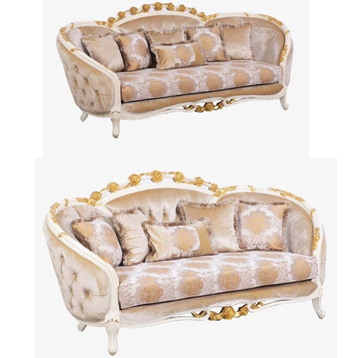 European Furniture - Valentine 2 Piece Luxury Sofa Set in Beige With Dark Gold Leafs - 45010-SL - GreatFurnitureDeal