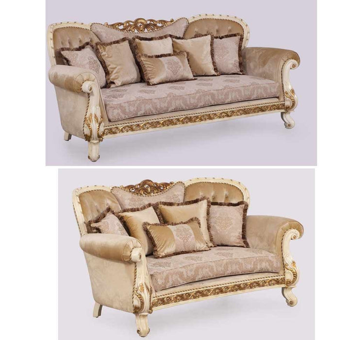 European Furniture - Fantasia 2 Piece Luxury Sofa Set in Antique Beige with Dark Gold Leaf - 40017-SL - GreatFurnitureDeal