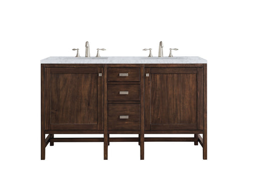 James Martin Furniture - Addison 60" Double Vanity Cabinet, Mid Century Acacia, w- 3 CM Carrara White Top - E444-V60D-MCA-3CAR - GreatFurnitureDeal