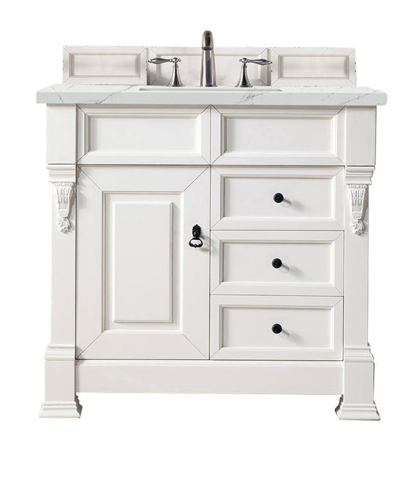 James Martin Furniture - Brookfield 36" Bright White Single Vanity  w/ 3 CM Ethereal Noctis Quartz Top - 147-V36-BW-3ENC - GreatFurnitureDeal