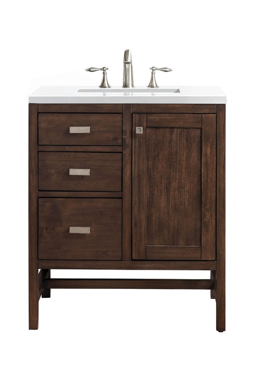 James Martin Furniture - Addison 30" Single Vanity Cabinet, Mid Century Acacia, w- 3 CM Classic White Quartz Top - E444-V30-MCA-3CLW - GreatFurnitureDeal