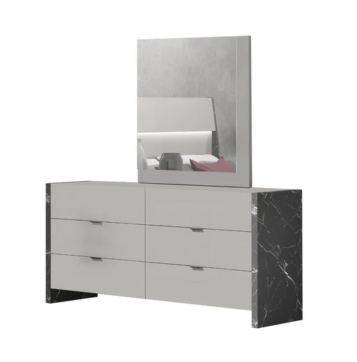 J&M Furniture - Stoneage Dresser With Mirror in Light Grey Lacquer - 17455DM - GreatFurnitureDeal