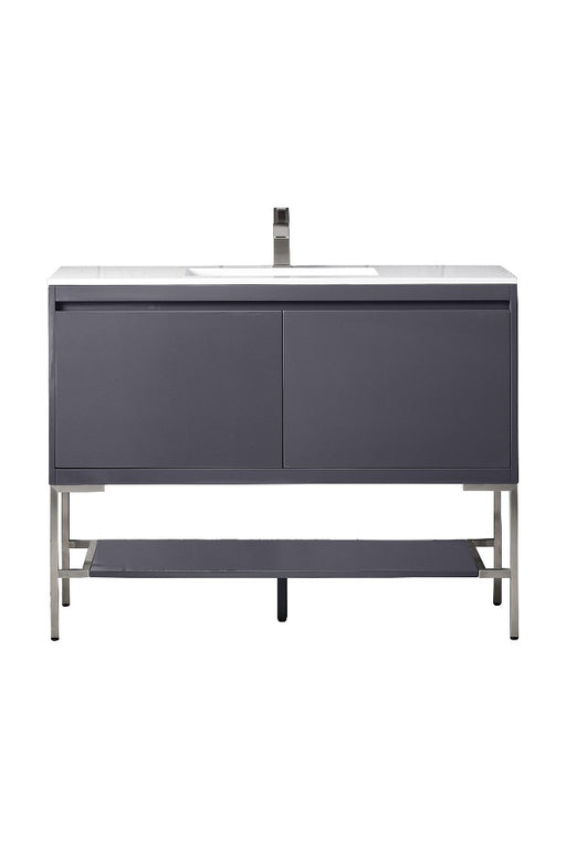James Martin Furniture - Milan 47.3" Single Vanity Cabinet, Modern Grey Glossy, Brushed Nickel w-Glossy White Composite Top - 801V47.3MGGBNKGW - GreatFurnitureDeal