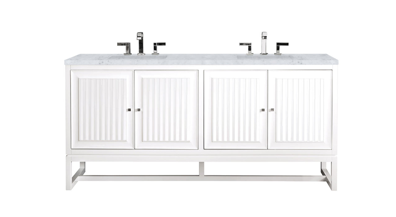 James Martin Furniture - Athens 72" Double Vanity Cabinet, Glossy White, w- 3 CM Carrara White Top - E645-V72-GW-3CAR - GreatFurnitureDeal