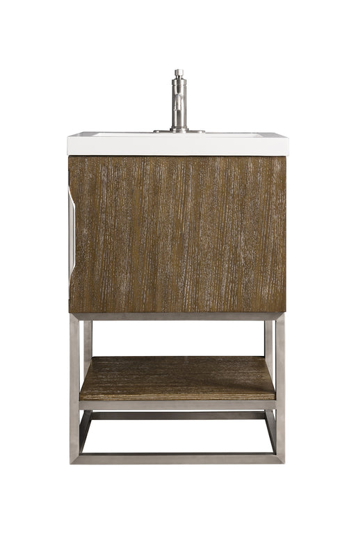 James Martin Furniture - Columbia 24" Single Vanity Cabinet, Latte Oak, Brushed Nickel w/ White Glossy Composite Countertop - 388V24LTOBNKWG - GreatFurnitureDeal