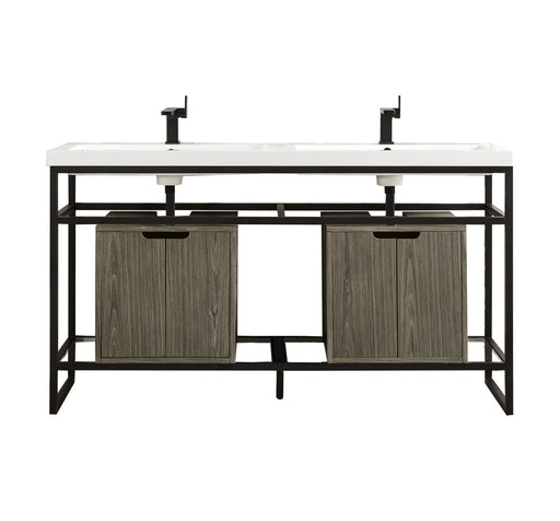 James Martin Furniture - Boston 63" Stainless Steel Sink Console (Double Basins), Matte Black w/ Ash Gray Storage Cabinet, White Glossy Composite Countertop - C105V63MBKSCAGRWG - GreatFurnitureDeal