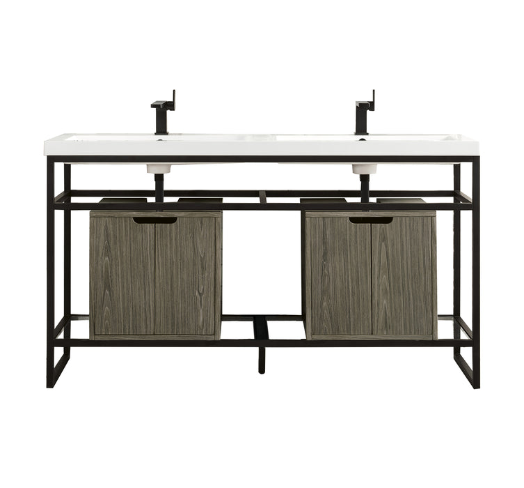 James Martin Furniture - Boston 63" Stainless Steel Sink Console (Double Basins), Matte Black w/ Ash Gray Storage Cabinet, White Glossy Composite Countertop - C105V63MBKSCAGRWG