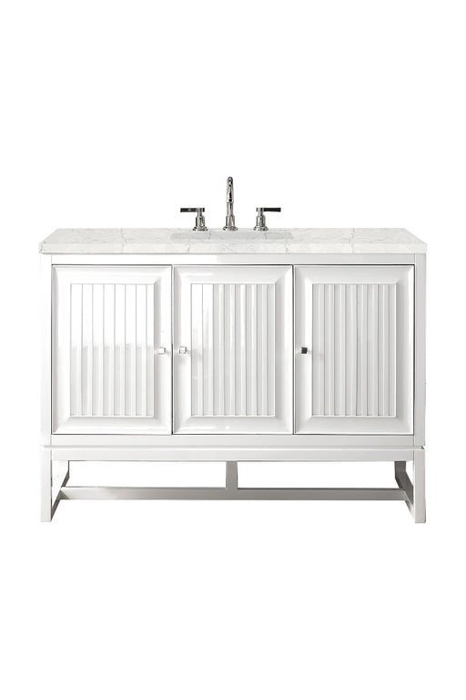 James Martin Furniture - Athens 48" Single Vanity Cabinet, Glossy White, w- 3 CM Eternal Jasmine Pearl Quartz Top - E645-V48-GW-3EJP - GreatFurnitureDeal