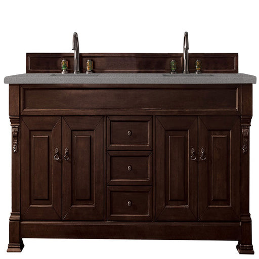 James Martin Furniture - Brookfield 72" Burnished Mahogany Double Vanity w- 3 CM Grey Expo Quartz Top - 147-114-5761-3GEX - GreatFurnitureDeal