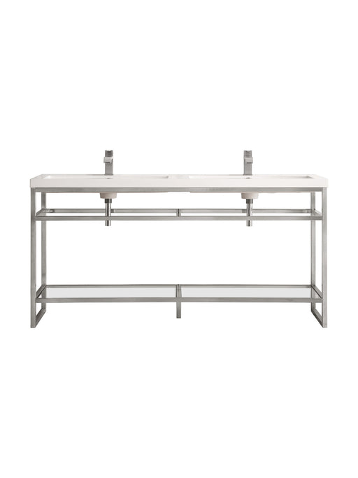 James Martin Furniture - Boston 63" Stainless Steel Sink Console (Double Basins), Brushed Nickel w/ White Glossy Composite Countertop - C105V63BNKWG - GreatFurnitureDeal