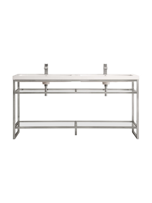 James Martin Furniture - Boston 63" Stainless Steel Sink Console (Double Basins), Brushed Nickel w/ White Glossy Composite Countertop - C105V63BNKWG