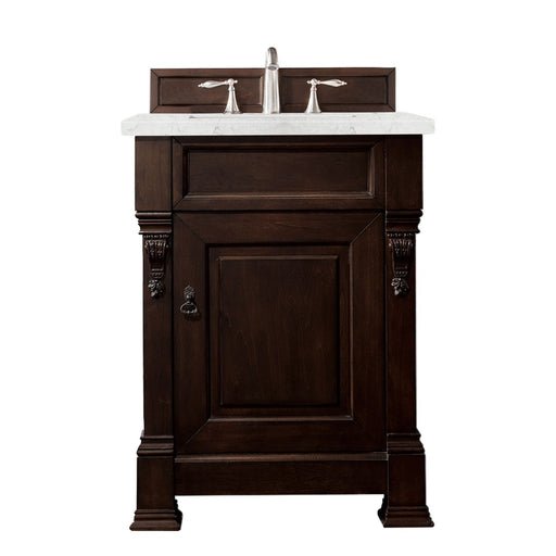 James Martin Furniture - Brookfield 26" Burnished Mahogany Single Vanity w- 3 CM Eternal Jasmine Pearl Quartz Top - 147-114-V26-BNM-3EJP - GreatFurnitureDeal