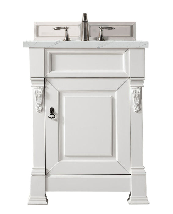 James Martin Furniture - Brookfield 26" Bright White Single Vanity w/ 3 CM Ethereal Noctis Quartz Top - 147-V26-BW-3ENC - GreatFurnitureDeal