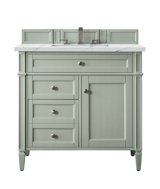 James Martin Furniture - Brittany 36" Sage Green Single Vanity w/ 3 CM Ethereal Noctis Quartz Top - 650-V36-SGR-3ENC - GreatFurnitureDeal